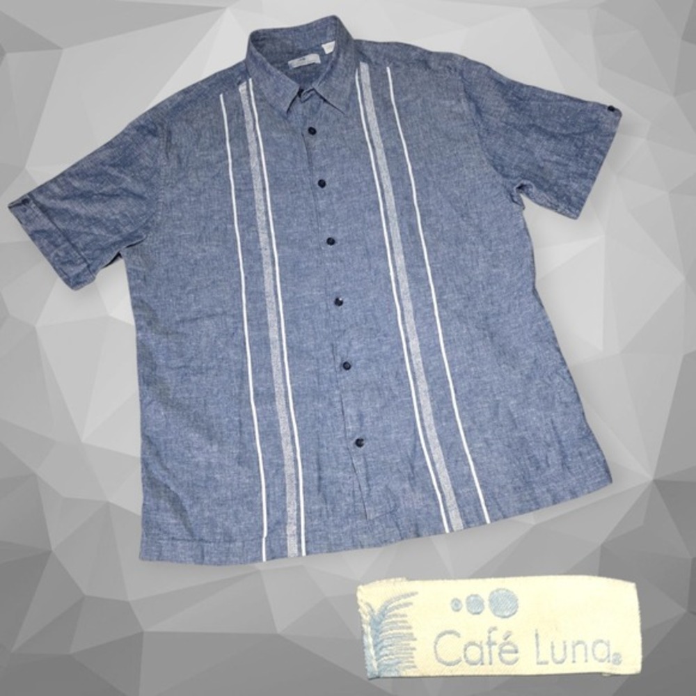 Cafe Luna Men's Striped Linen Button Up Short Sleeve Camp Shirt Blue L